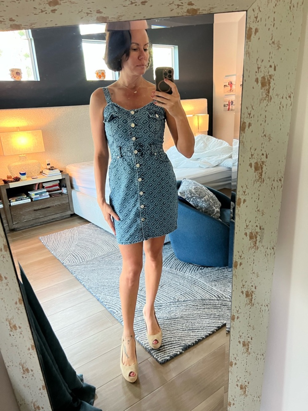 Juicy Couture Blue Patterned Button-Front Mini Dress